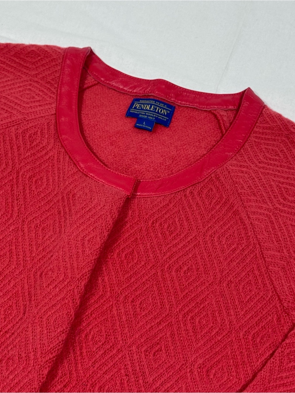 Pendleton Jacket Womens L Red Orange Leather Trim Lambswool Snap Up Blazer Coat